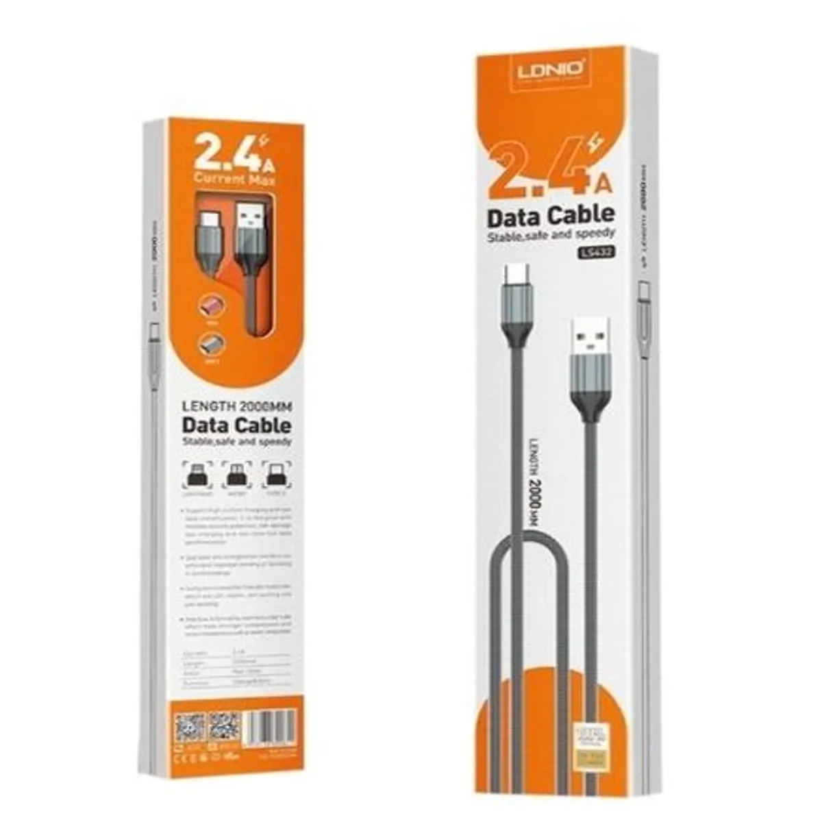 LDNIO - Cable Ldnio LS432 USB a Tipo-C 2.4A  Reforzado Nylon 2 Metros