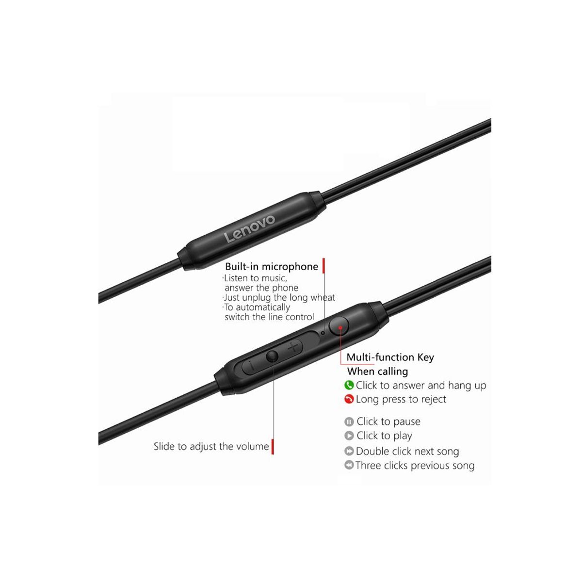 LENOVO - Audífono Lenovo H102 Control de Volumen Original Negro