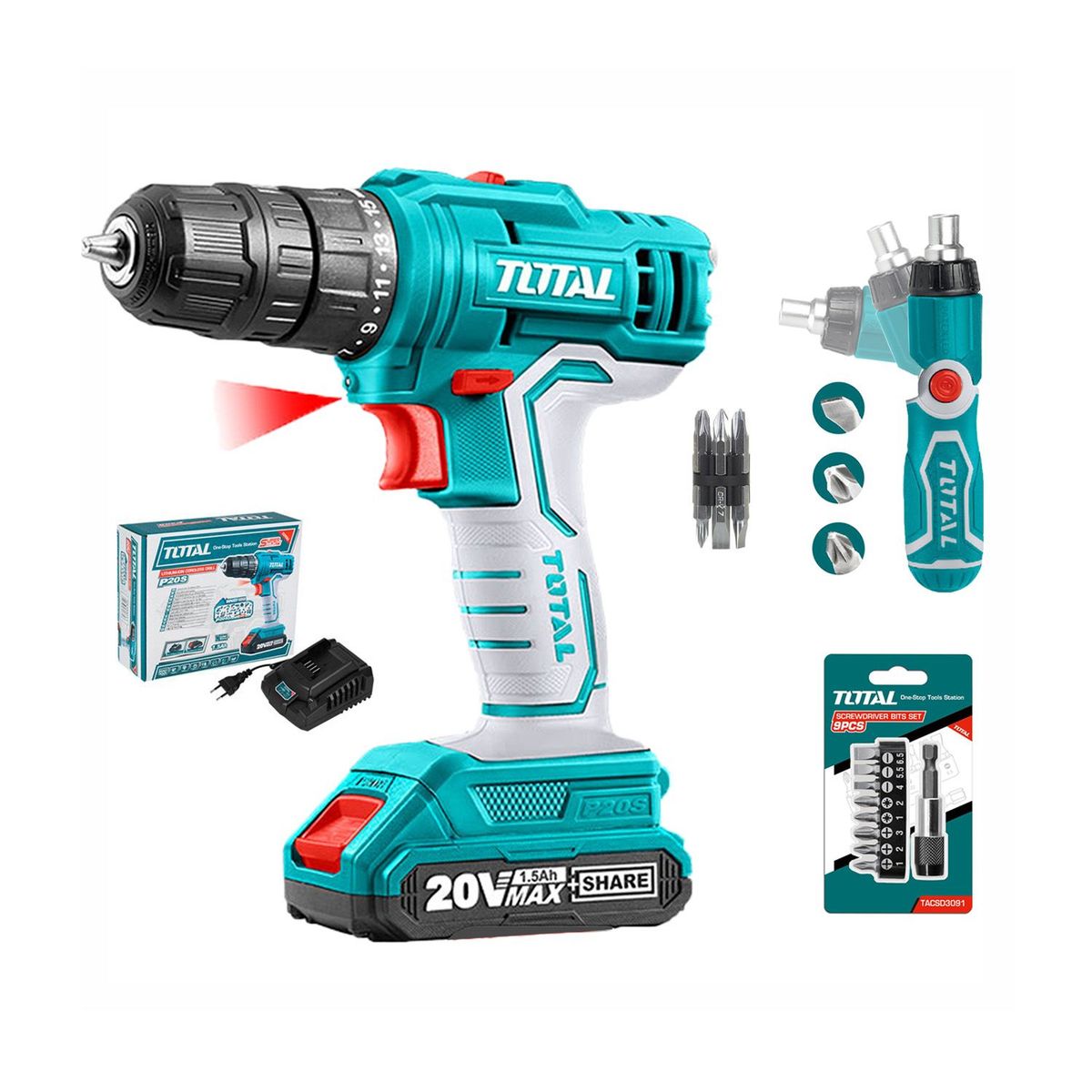 TOTAL TOOLS - TALADRO ATORNILLADOR 20V + DESARMADOR RATCHET 3 EN 1 TOTAL TOOLS