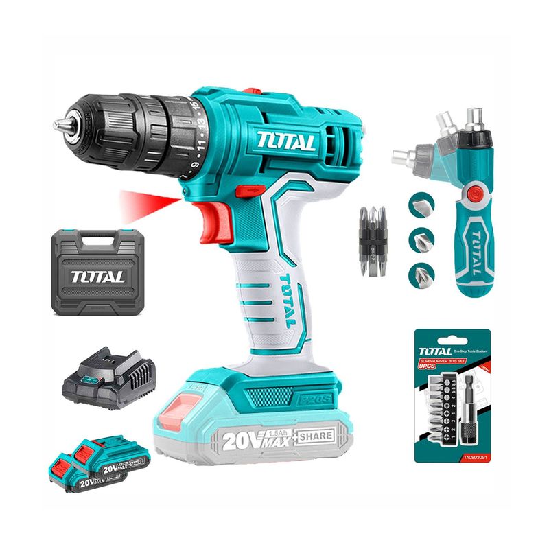 TOTAL TOOLS - COMBO 20V TALADRO ATORNILLADOR 10MM DESATORNILLADOR MANUAL PUNTAS