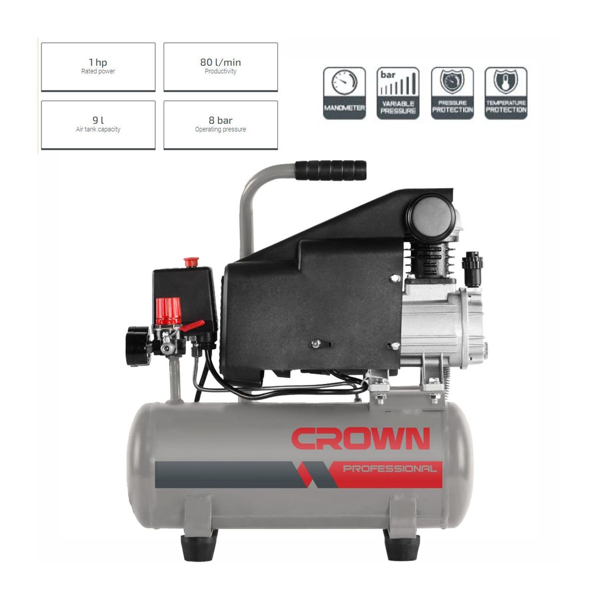 CROWN - COMPRESORA DE AIRE 9L 8BAR 80 L/MIN CROWN INDUSTRIAL - CT36046