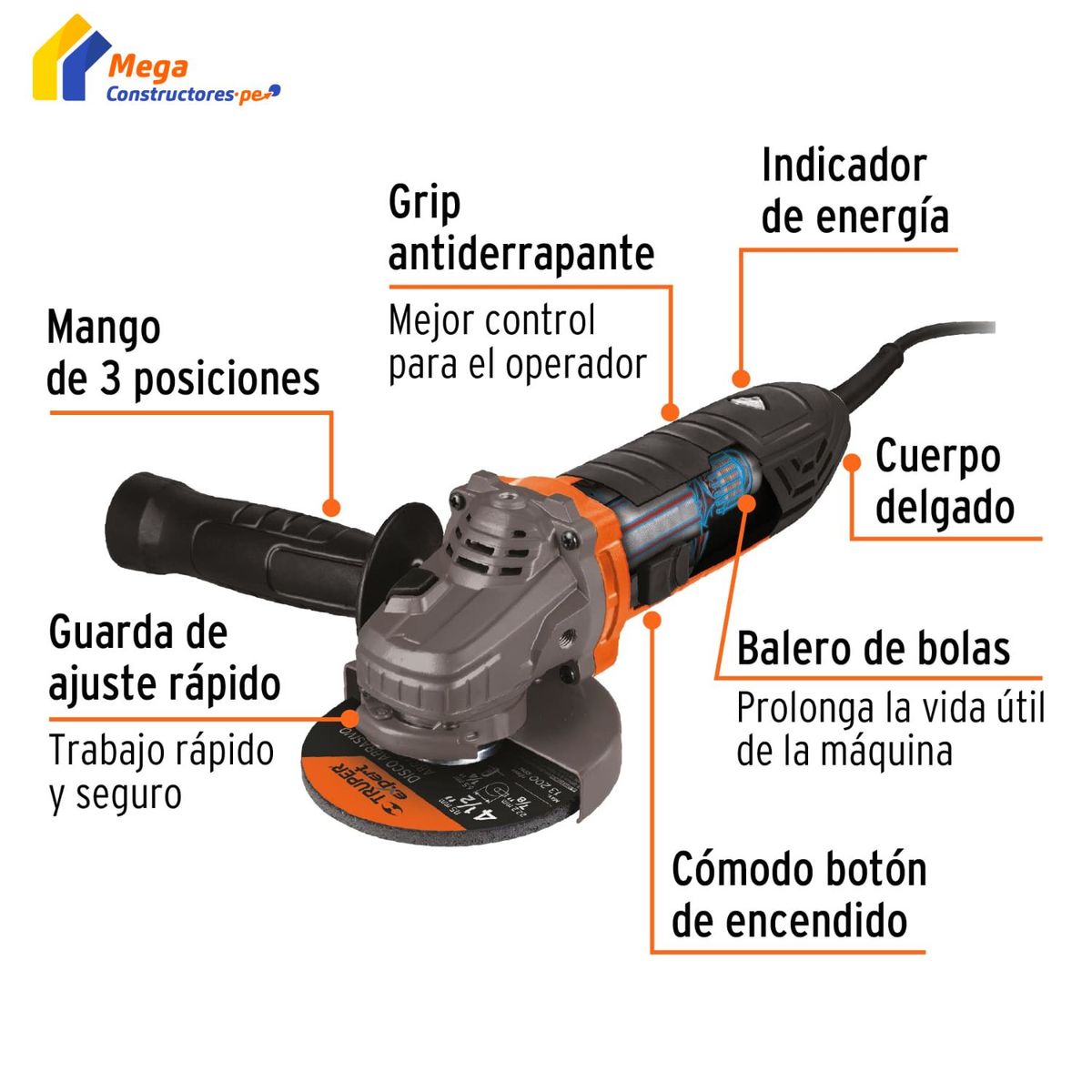 TRUPER - Amoladora Esmeril Angular Profesional 4 1/2" 850W ERGO-PRO Truper