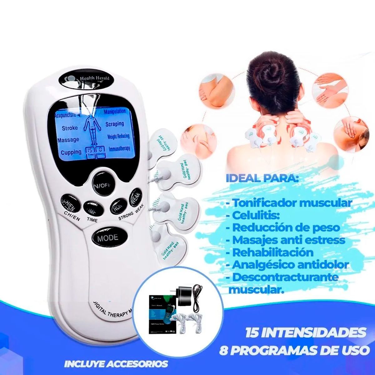 PERUMASSAGE - Electroestimulador con 4 Parches Digital Ondas Tens.