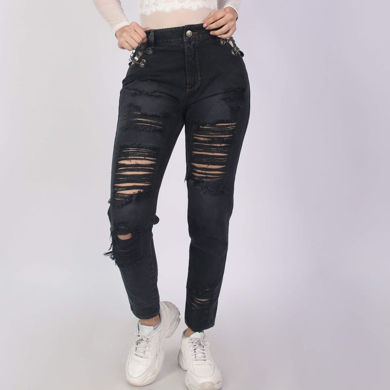 Slim Fit Pantalon Jean Negro Rasgado Pantalón Jeans Rasgado Mujer