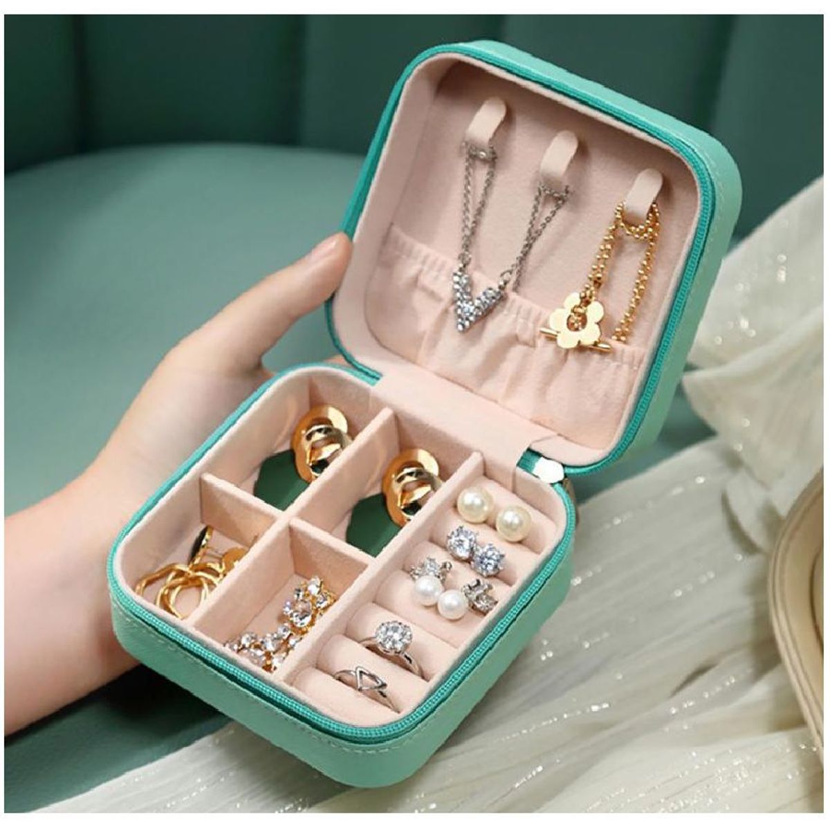 GENERICO - Mini Joyero Portátil Con Cierre de 10x10x5cm