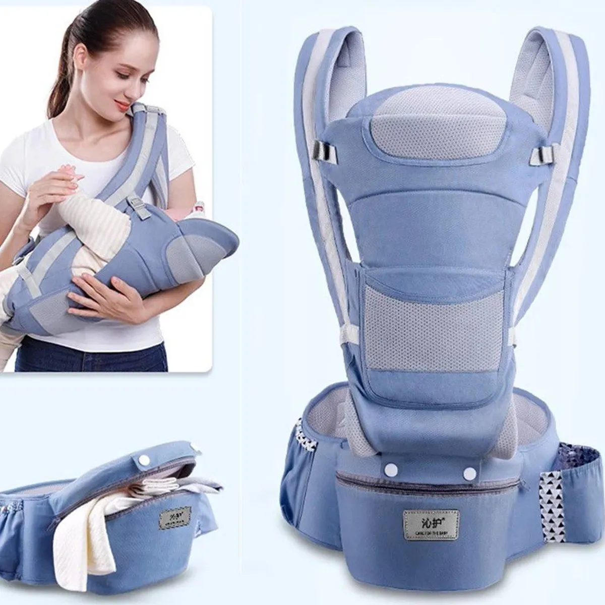 GENERICO - CANGURO BEBE ERGONÓMICO 15 POSICIONES CON PAÑALERA CELESTE