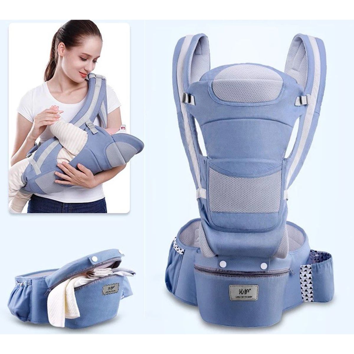GENERICO - CANGURO BEBE ERGONÓMICO 15 POSICIONES CON PAÑALERA CELESTE