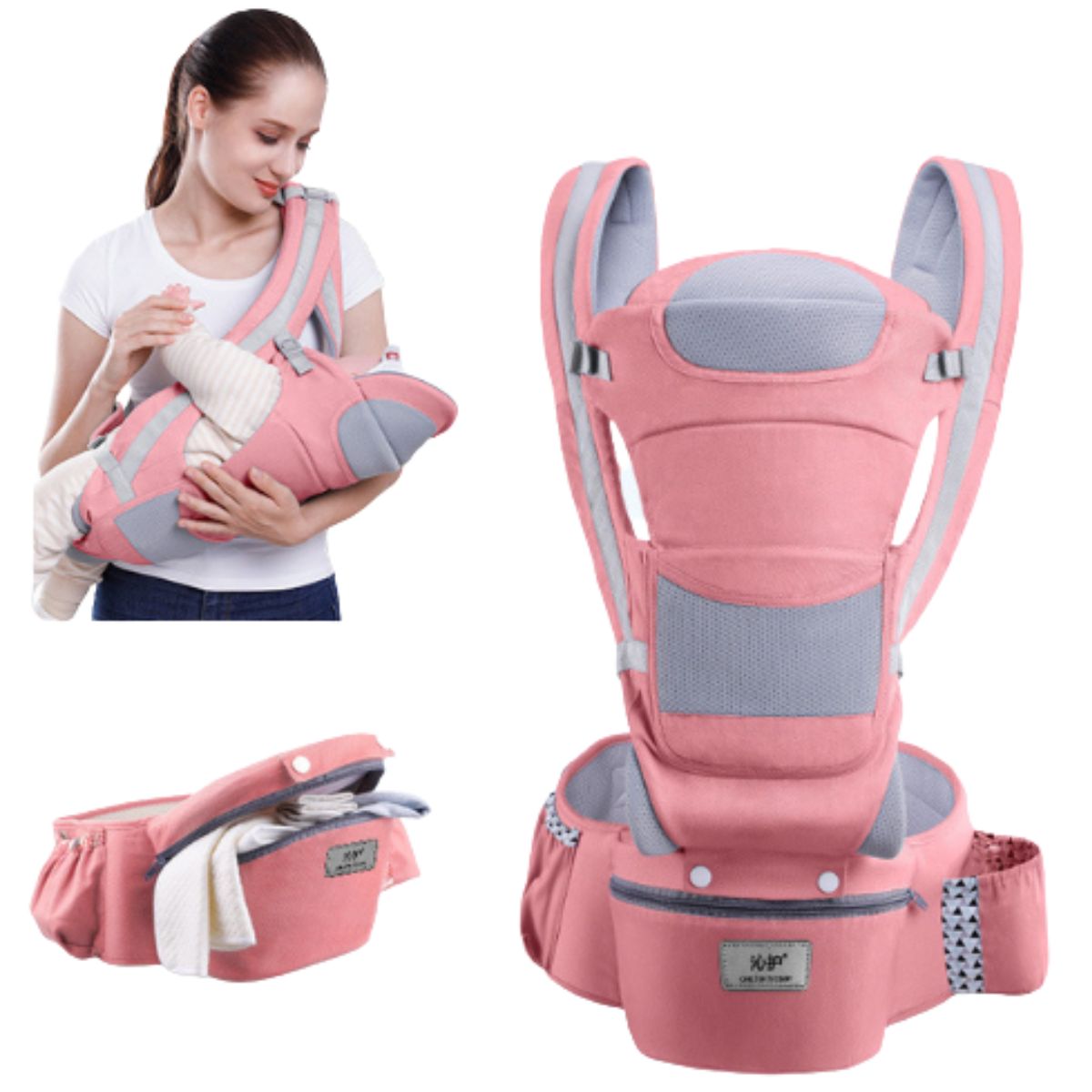 GENERICO - CANGURO BEBE ERGONÓMICO 15 POSICIONES CON PAÑALERA ROSA PURO