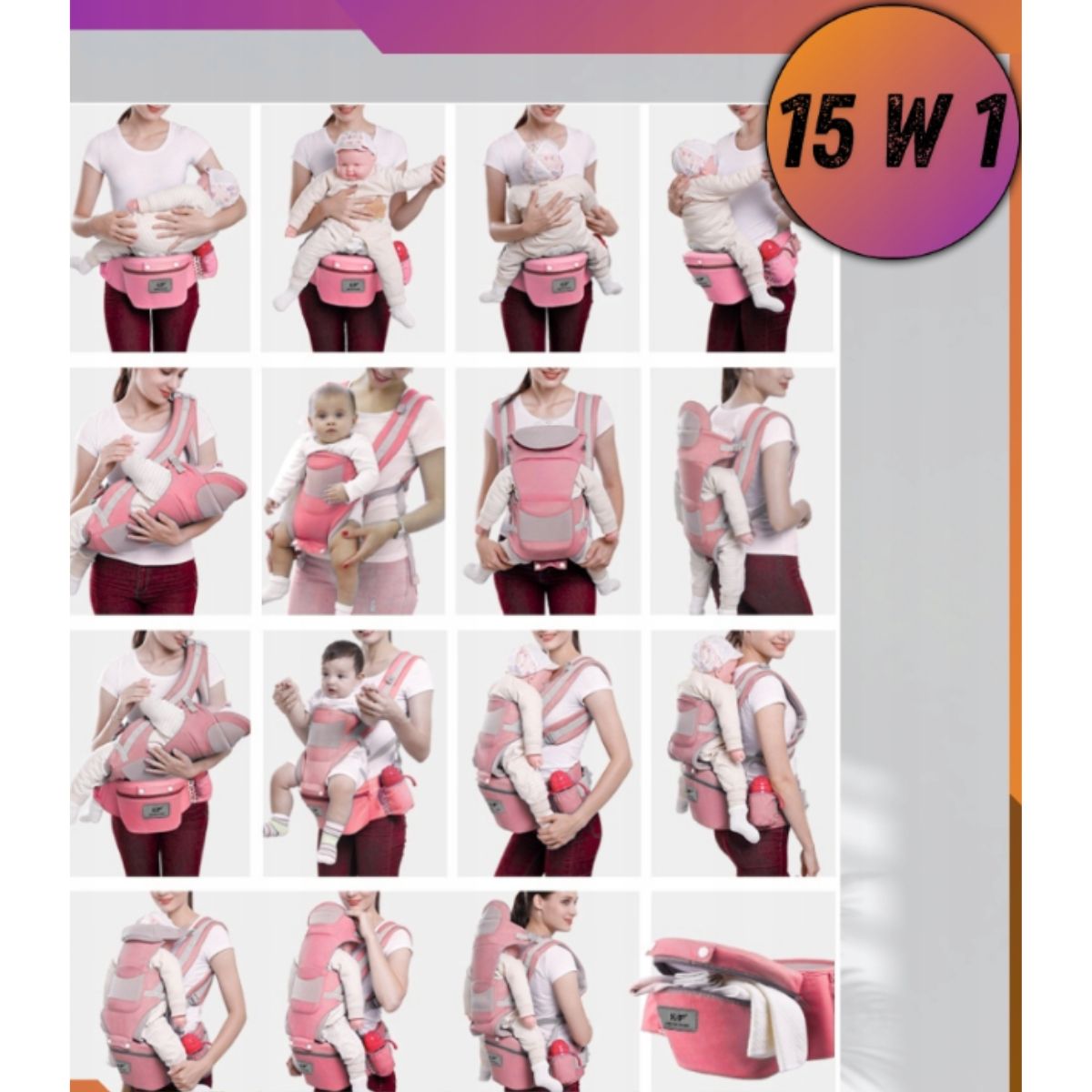 GENERICO - CANGURO BEBE ERGONÓMICO 15 POSICIONES CON PAÑALERA ROSA PURO