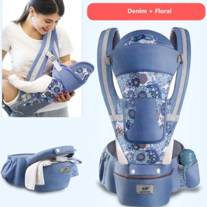 GENERICO - CANGURO BEBE ERGONÓMICO 15 POSICIONES CON PAÑALERA AZUL FLOR