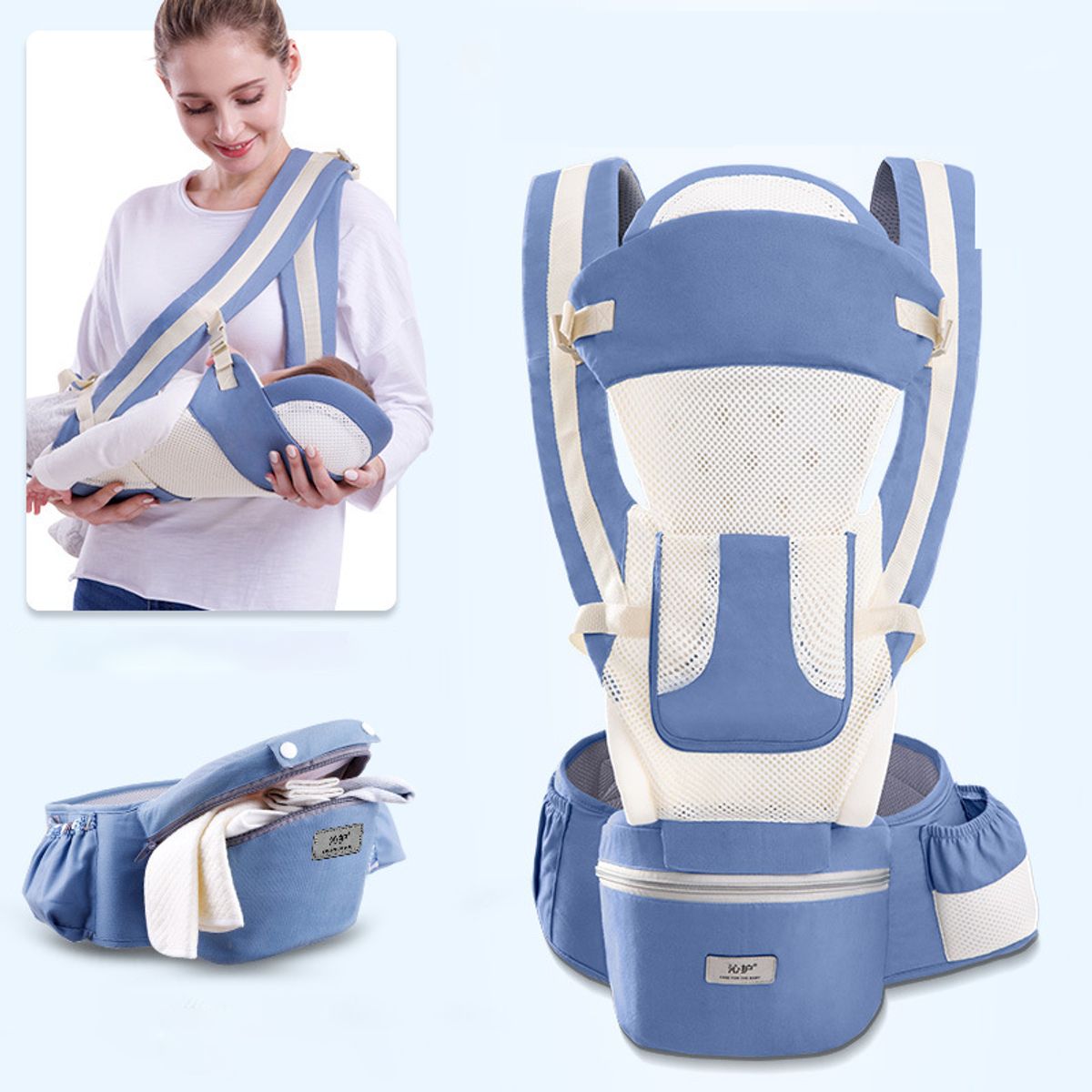 GENERICO - CANGURO BEBE ERGONÓMICO 15 POSICIONES CON PAÑALERA CELESTE BLANCO