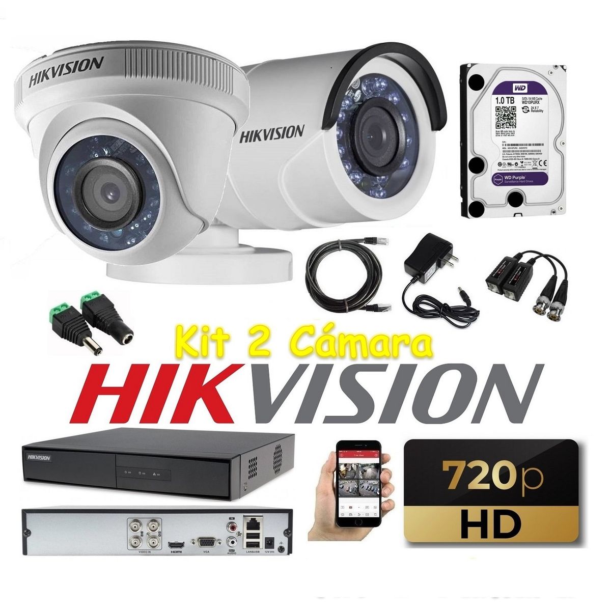 HIKVISION - kit 2 Cámaras Seguridad HD Hikvision + 1tb