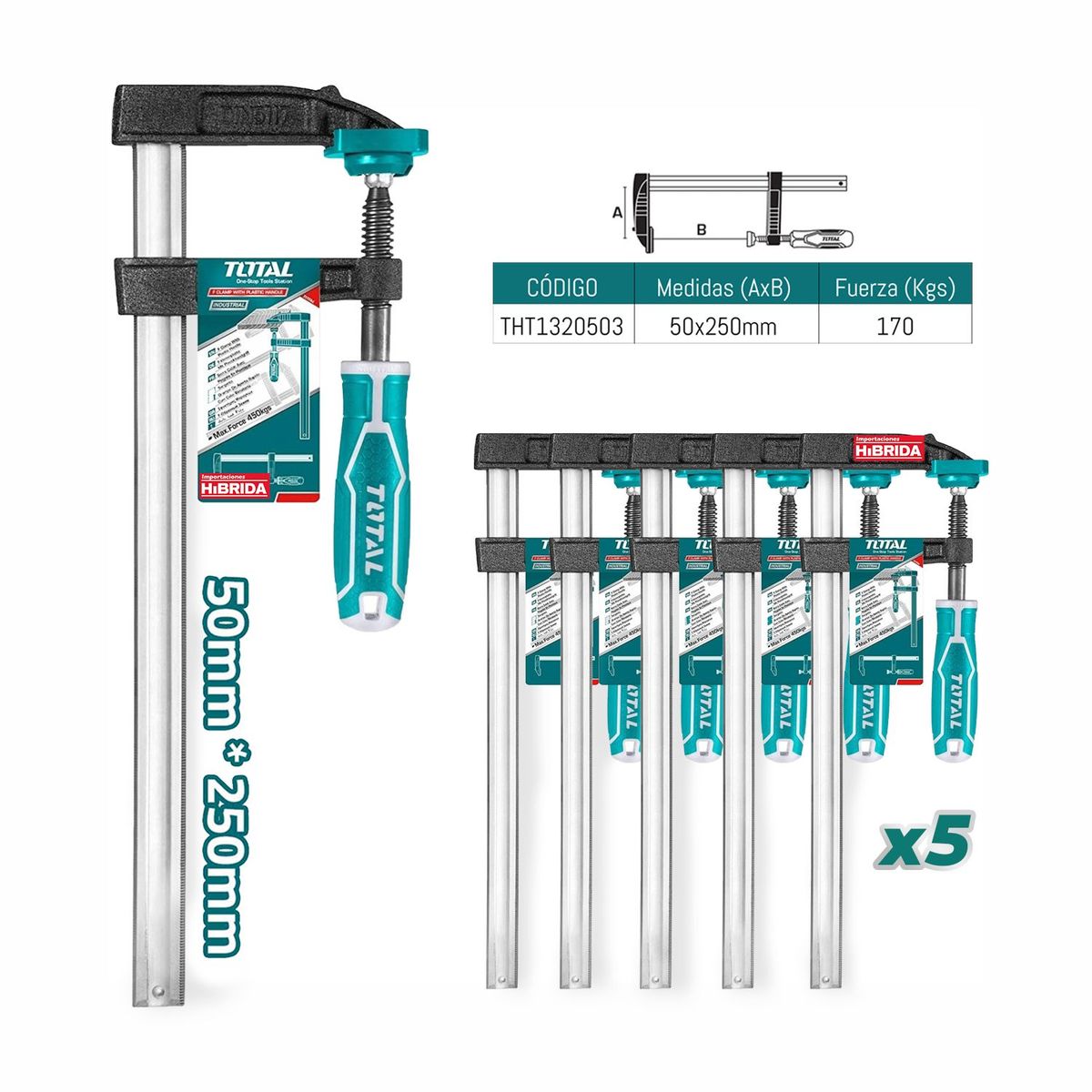 TOTAL TOOLS - PRENSA SARGENTO TIPO F ABRAZADERA 50×250MM TOTAL - THT1320503 x 5