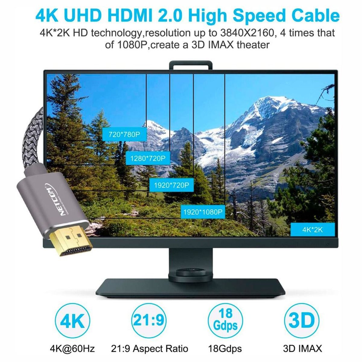 NETCOM - Cable HDMI 2.0 8 Metros NETCOM Ultra HD 3D 4K 60hz 2160P Enmallado