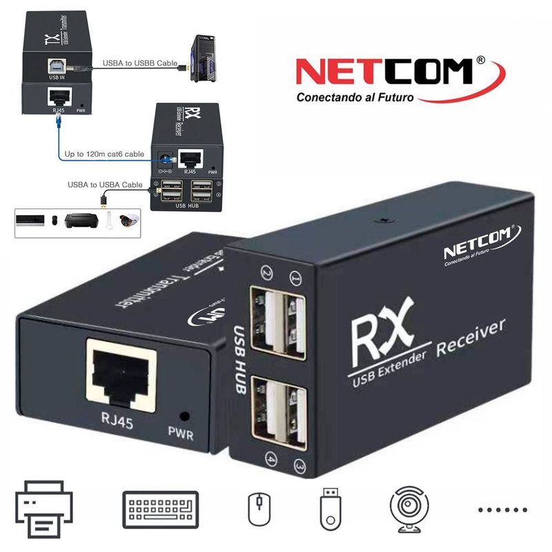 GENERICO - Extension USB 2.0 200 metros 4 USB cat 5 cat 6 y cat 7 TX RX RJ45