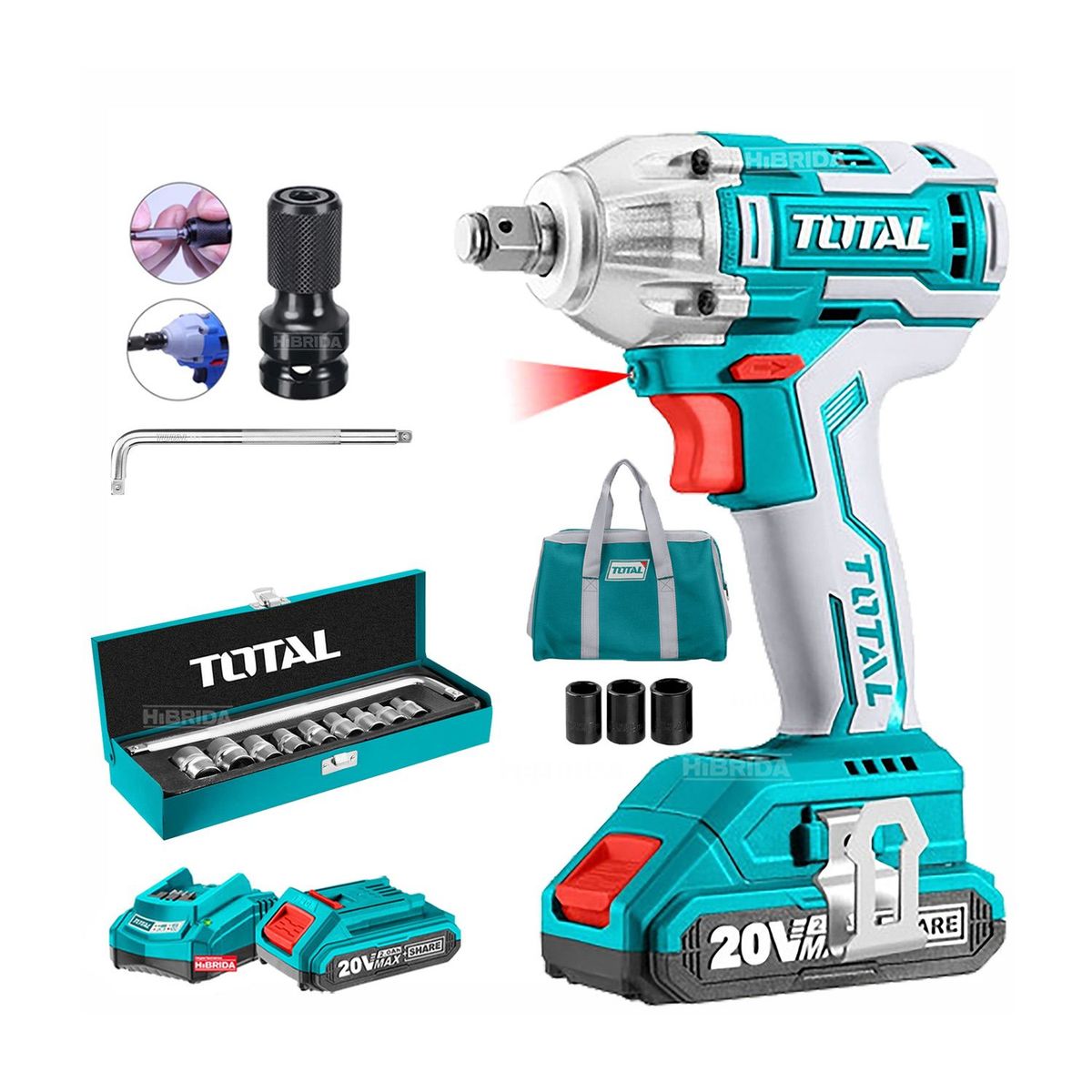 TOTAL TOOLS - COMBO TOTAL LLAVE DE IMPACTO 20V JUEGO DE DADOS ADAPTADOR