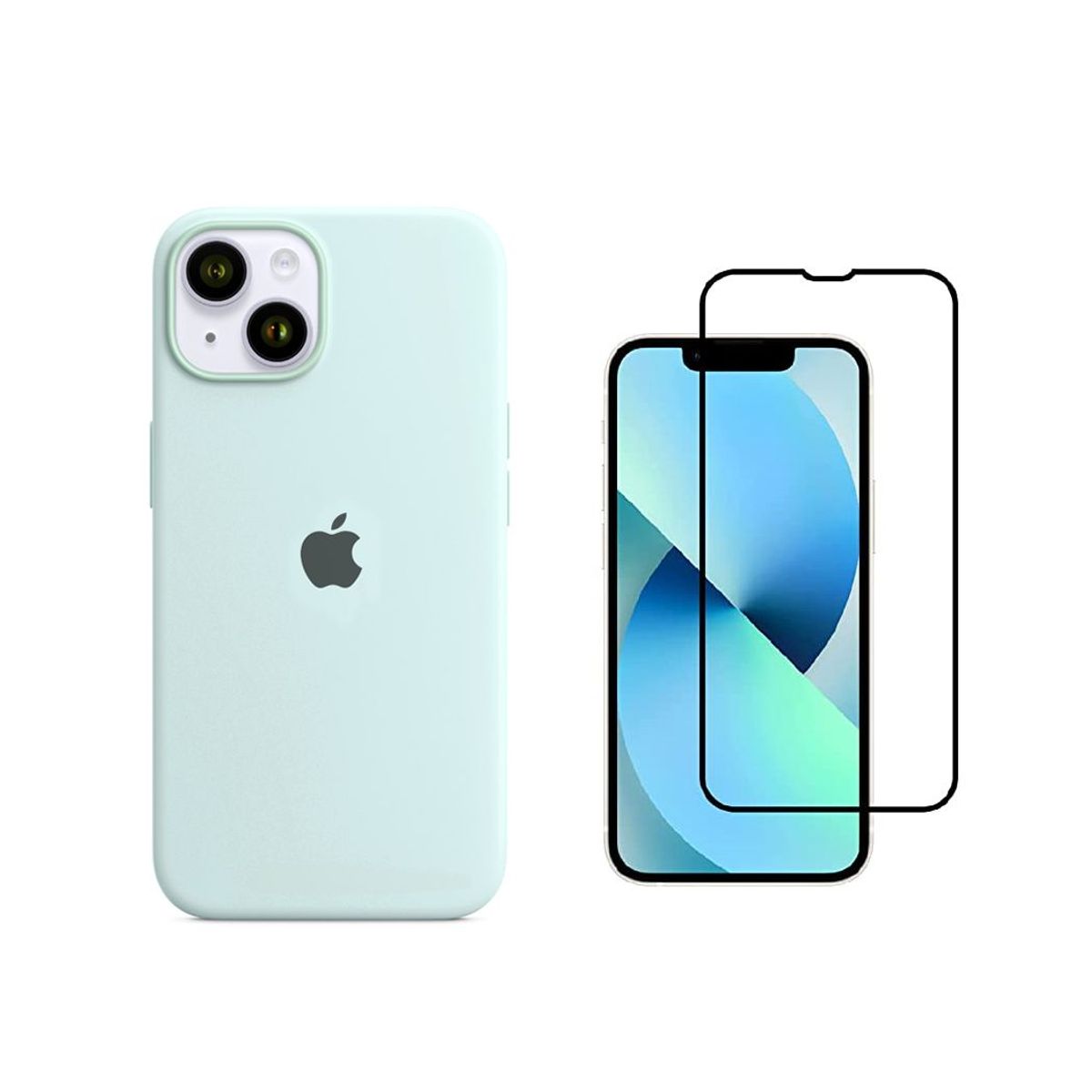 CASE - Funda Silicone Case iPhone 14 Celeste + Vidrio Templado Protector