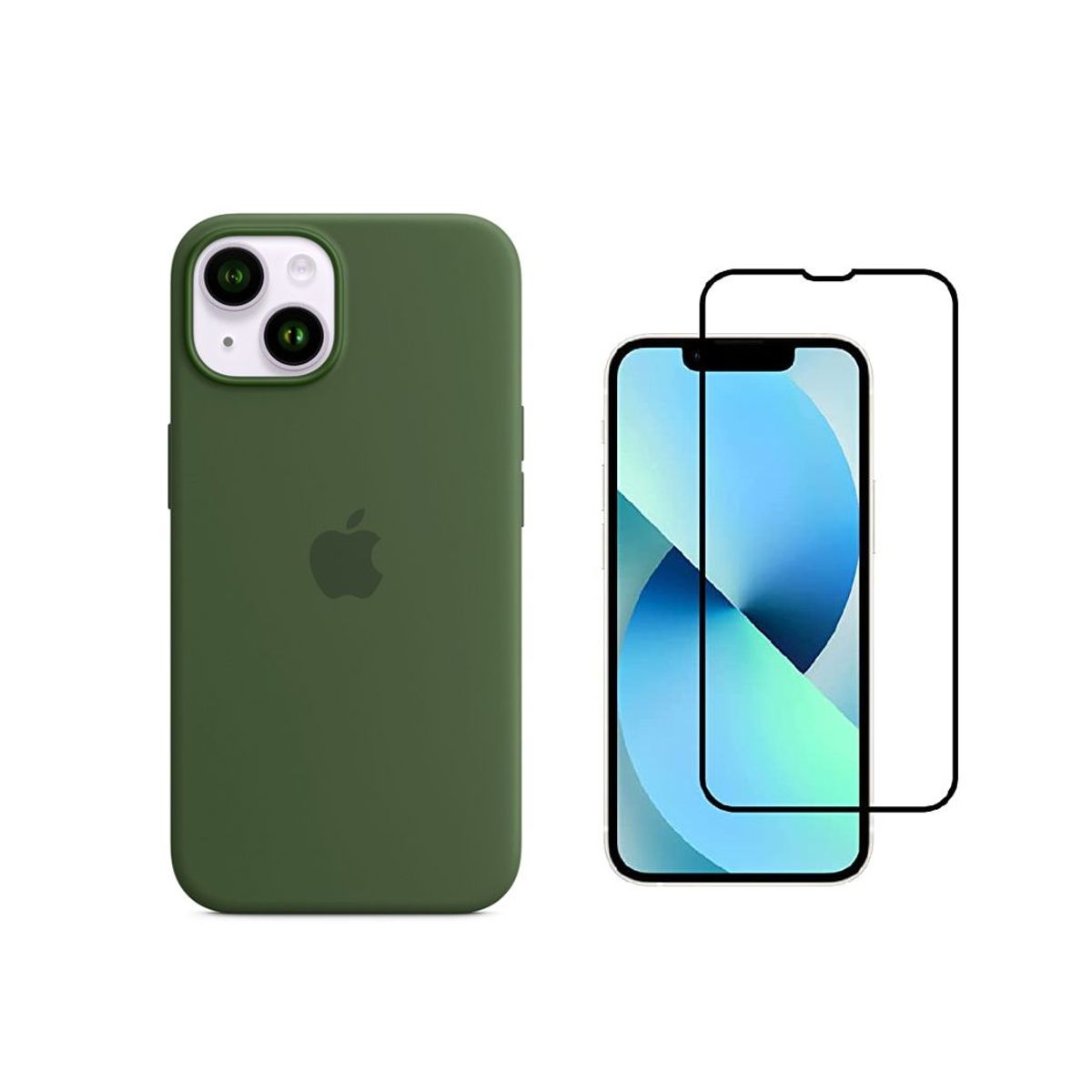 CASE - Funda Silicone Case iPhone 14 Y Vidrio Templado Verde Militar