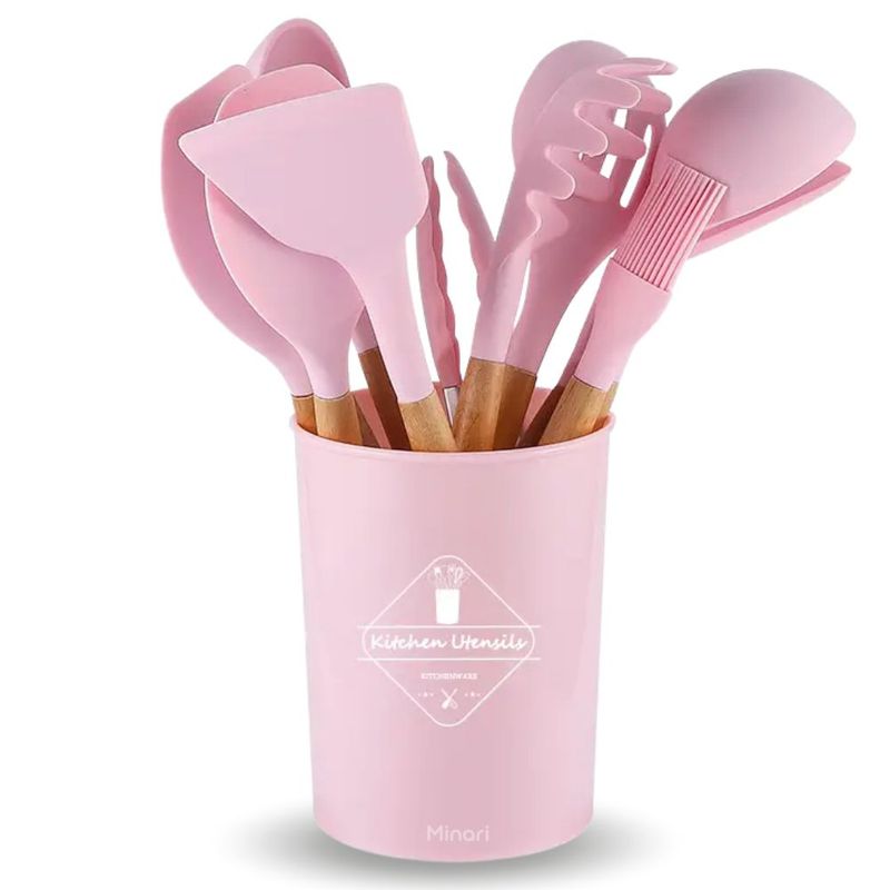MINARI - Set de Cucharones Utensilios de Silicona para Cocina Rosado 12PCS 528U