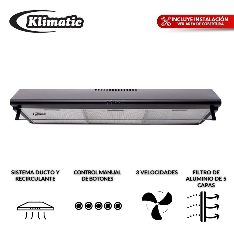 KLIMATIC - Campana Extractora 90cm Negra C901Ne- Klimatic