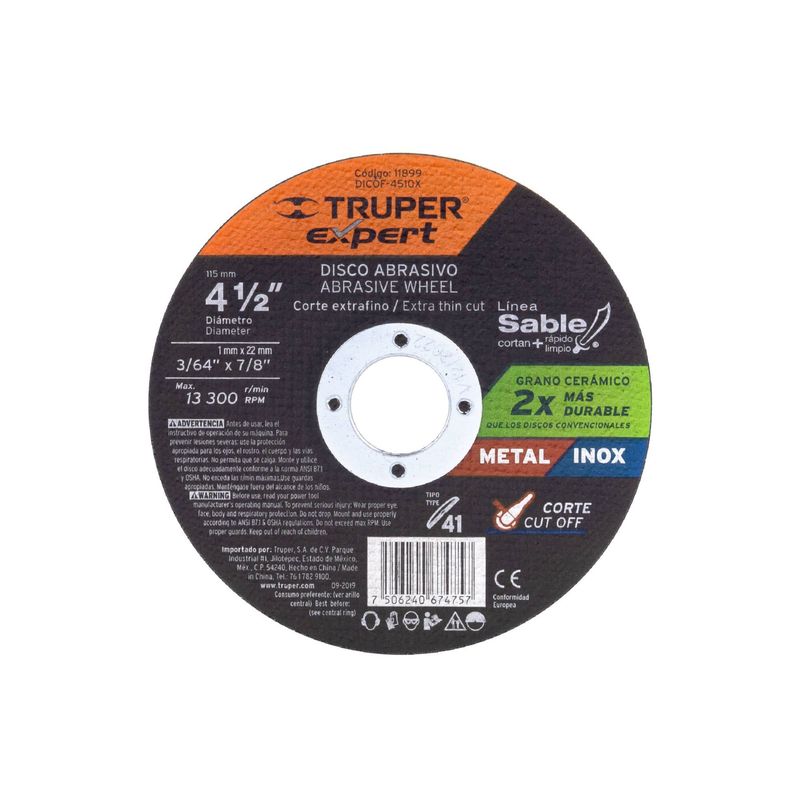 TRUPER - Disco de corte extrafino de meta   4-1/2" x 1 mm, EXPERT Truper