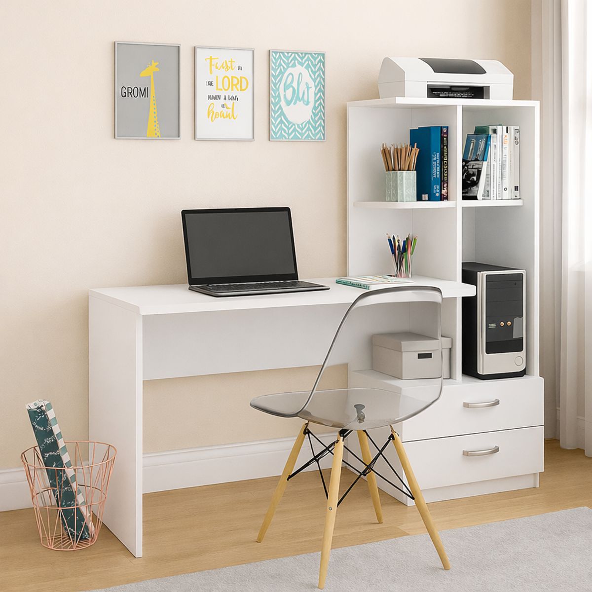 GENERICO - Escritorio con Estante Ensueño de Melamina  Compacto Blanco