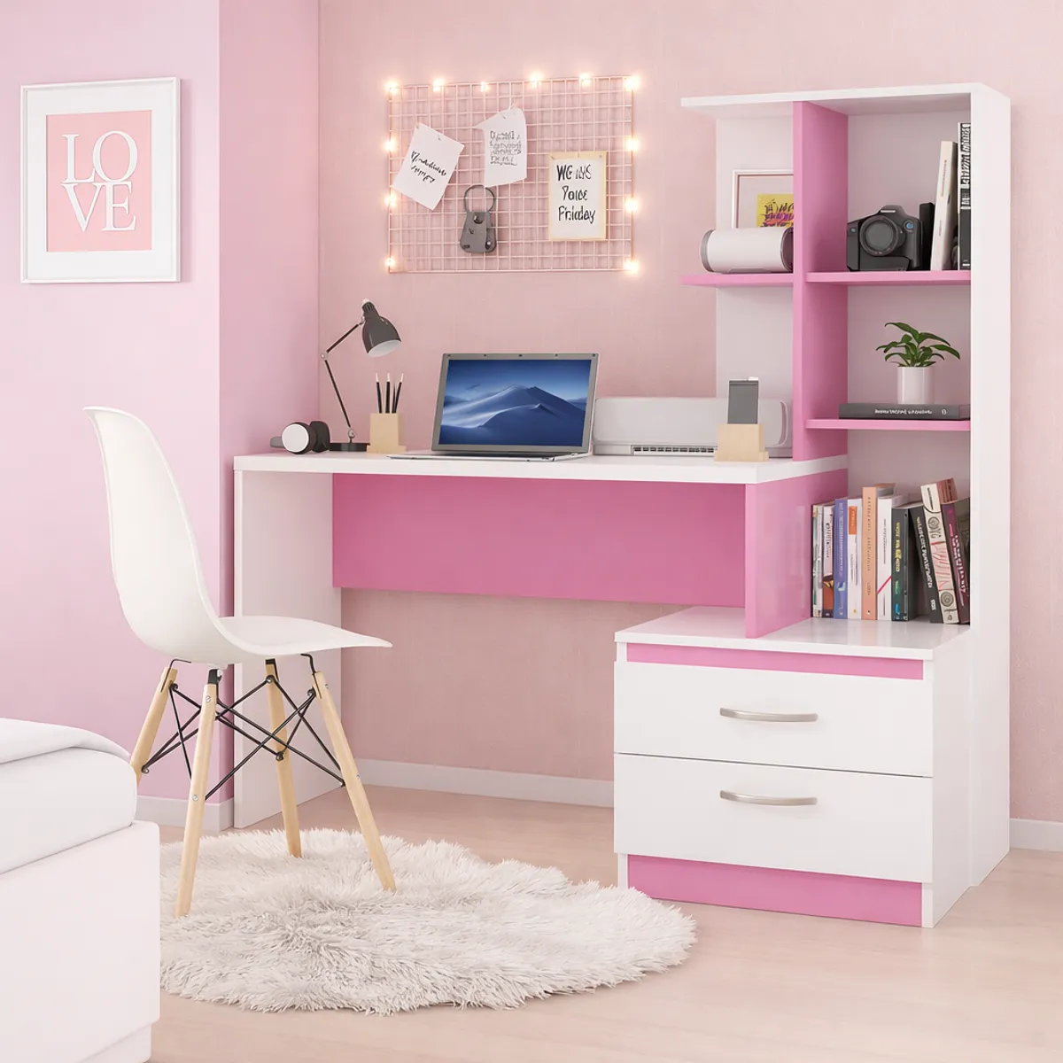 GENERICO - Escritorio con Estante Ensueño de Melamina  Compacto V2 Blanco Rosado