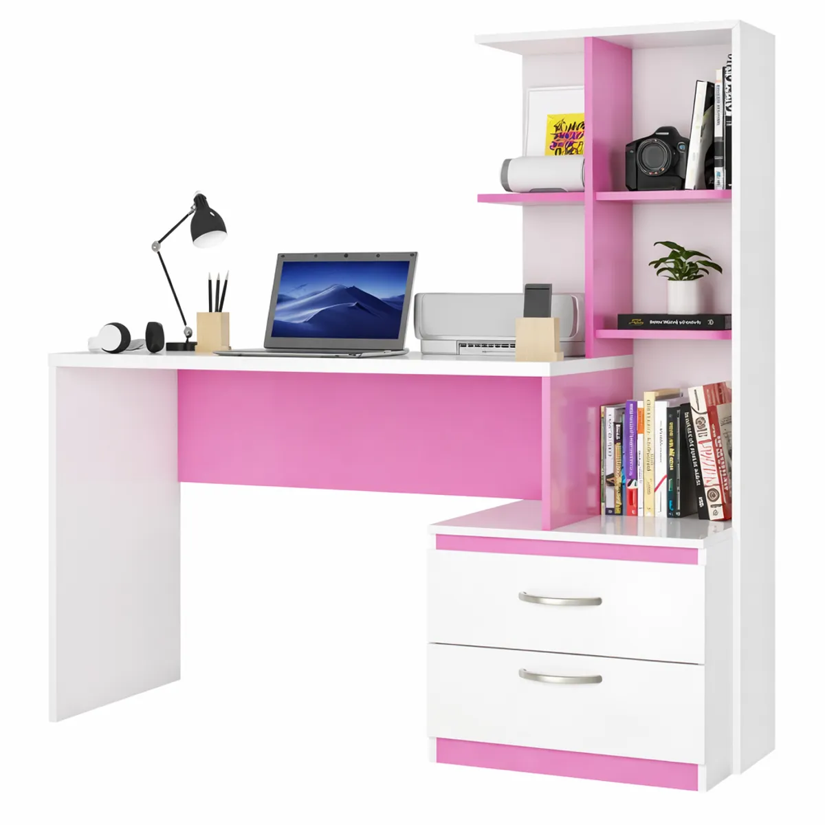GENERICO - Escritorio con Estante Ensueño de Melamina  Compacto V2 Blanco Rosado