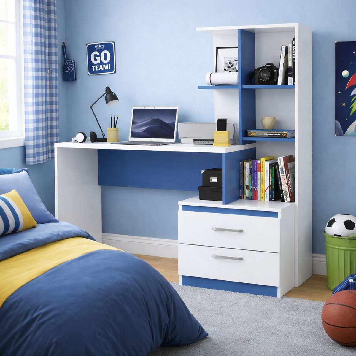 GENERICO - Escritorio con Estante Ensueño de Melamina  Compacto V2 Blanco Azul