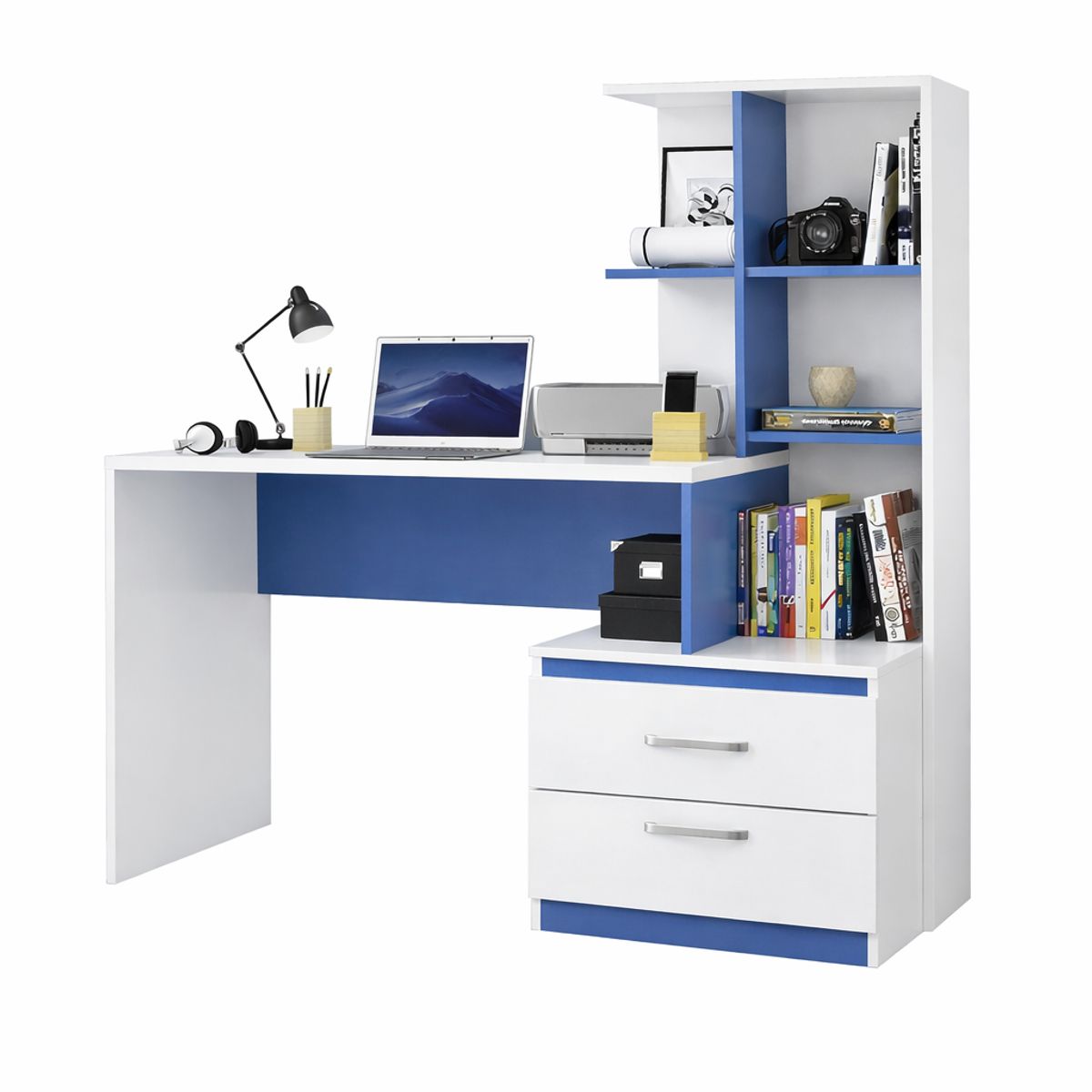 GENERICO - Escritorio con Estante Ensueño de Melamina  Compacto V2 Blanco Azul