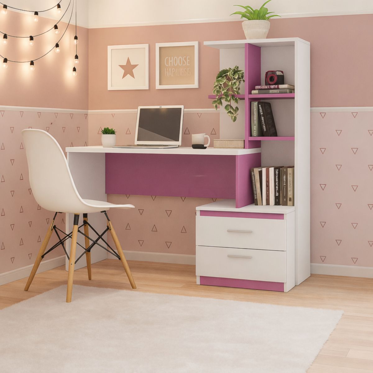 GENERICO - Escritorio con Estante Ensueño de Melamina  Compacto V2 Blanco Violeta
