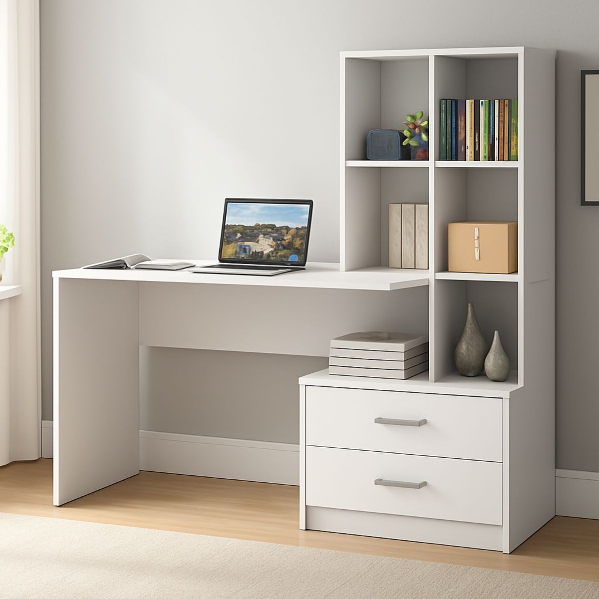 GENERICO - Escritorio con Estante Ensueño de Melamina  Compacto V4 Blanco