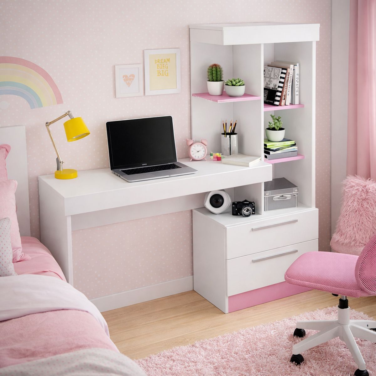 GENERICO - Escritorio con Estante Ensueño de Melamina  Compacto V6 Blanco Rosa