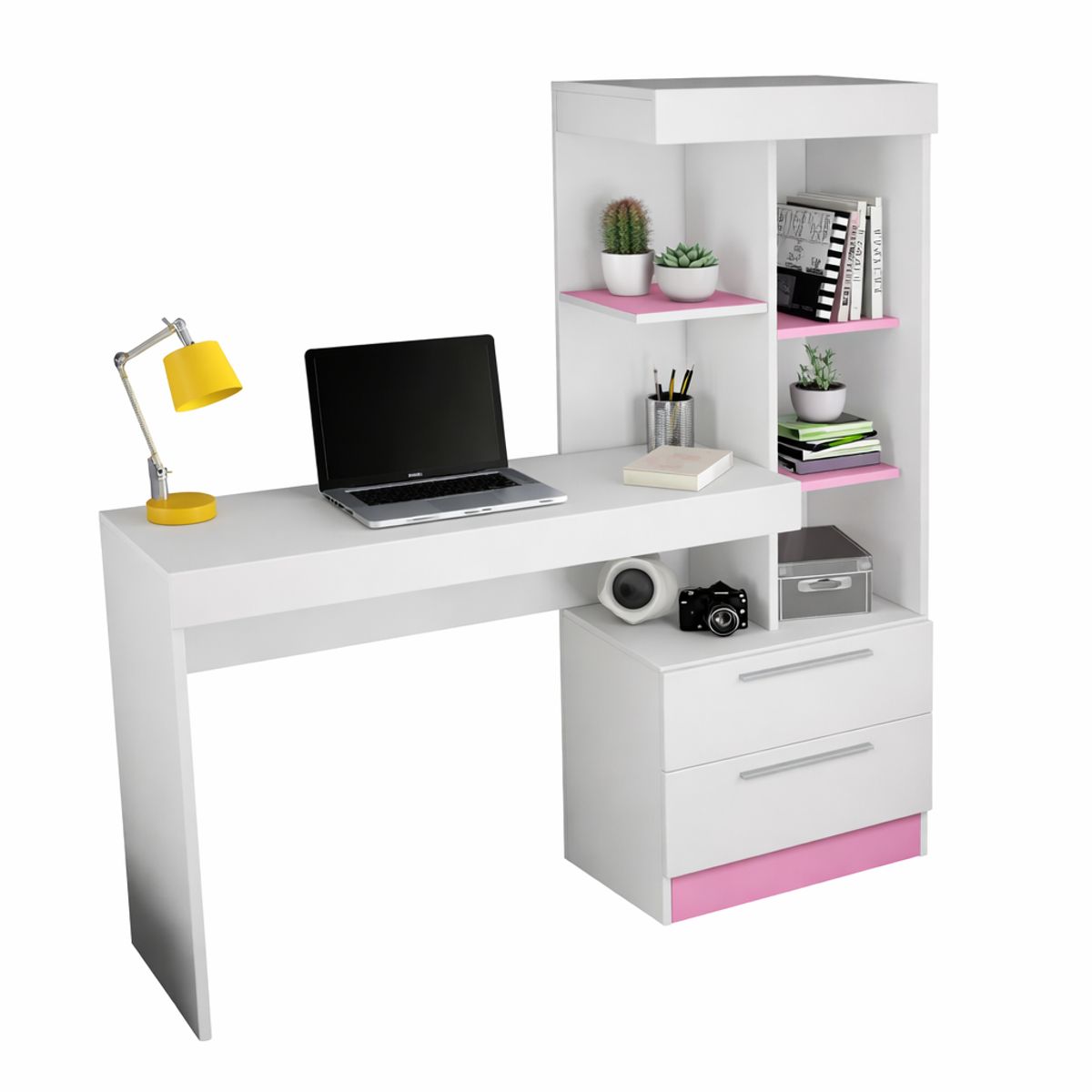 GENERICO - Escritorio con Estante Ensueño de Melamina  Compacto V6 Blanco Rosa