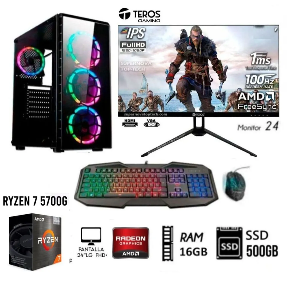 AMD - COMPUTADORA PC GAMER RYZEN 7 5700G RAM 16GB+Disco Solido SSD 500GB+MONITOR 24FHD