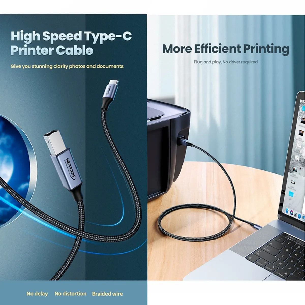 NETCOM - Cable Impresora Tipo C USB 2.0 Tipo B a USB C 1.8 Metros Netcom