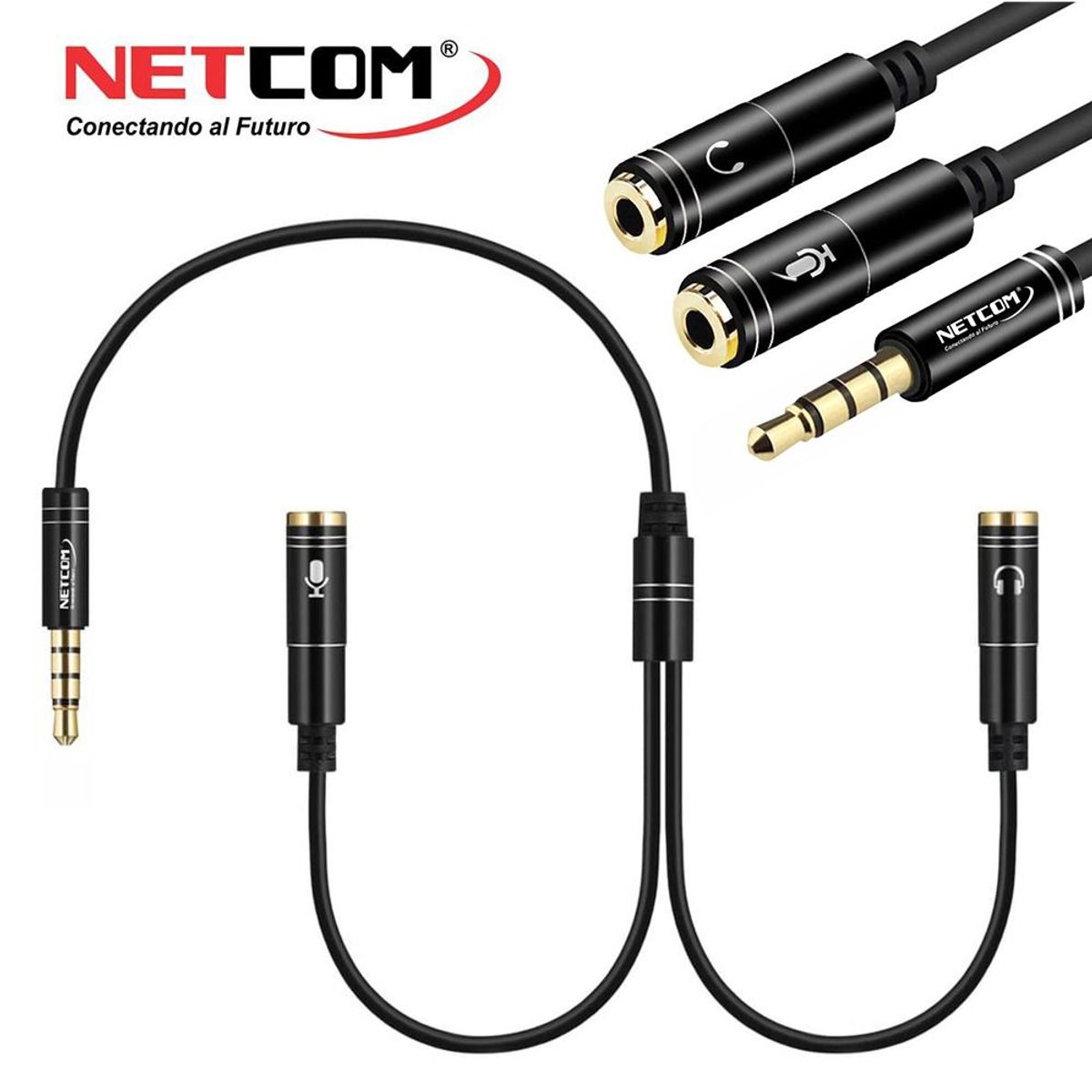 NETCOM - Adaptador Conector de 2 Jack 3.5mm A Plug 3.5mm NETCOM- Negro