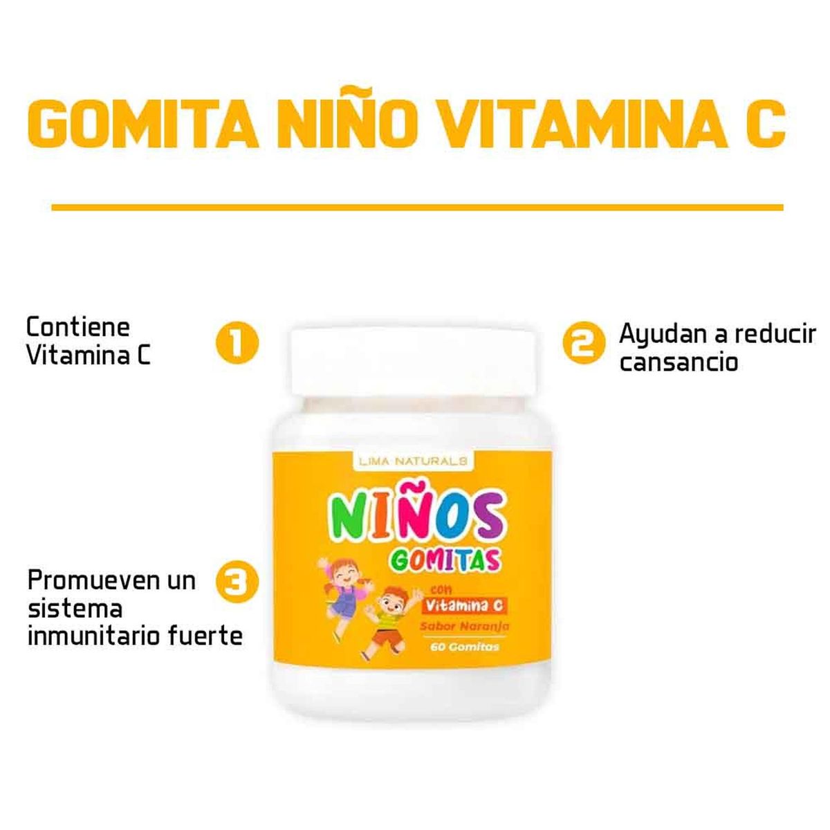 LIMA NATURALS - Gomitas para Niños con Vitamina C Sabor Naranja Lima Naturals 60 unidades