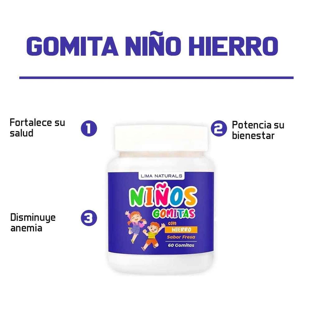 LIMA NATURALS - Gomitas para Niños con Hierro Sabor Fresa Lima Naturals 60 unidades Pack x 2