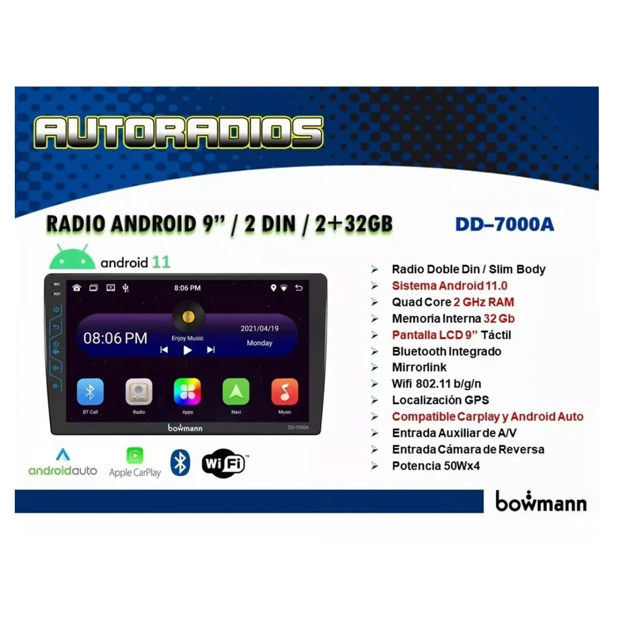 BOWMANN - Autoradio Bowmann Android Pantalla HD 9 Wifi GPS BT Mirrorlink 2+32GB