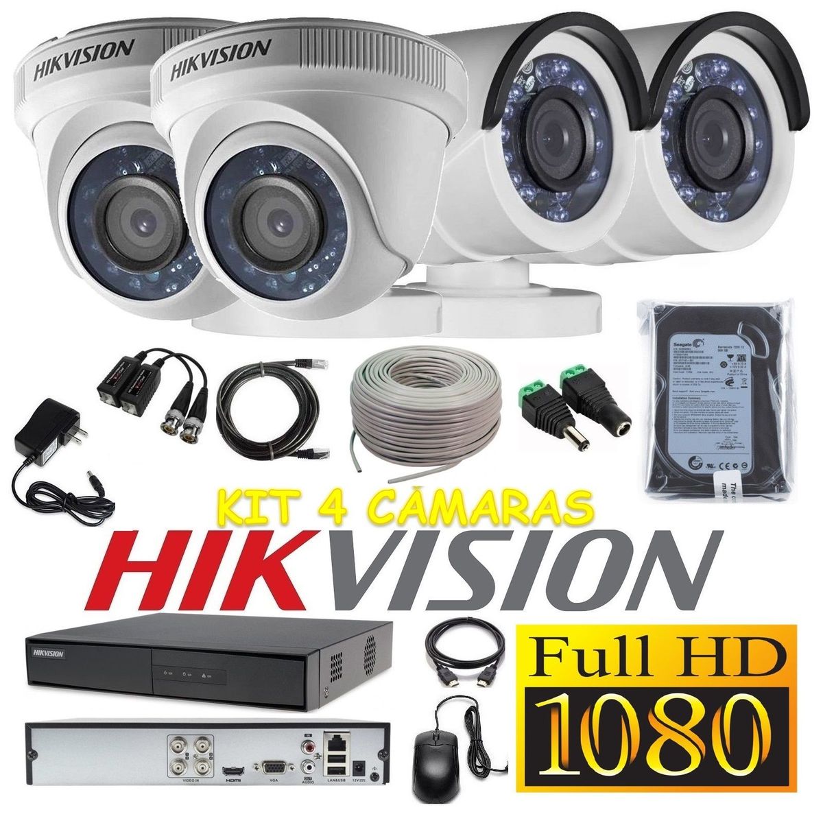 HIKVISION - kit 4 Cámaras Seguridad FULLHD Hikvision 500gb + cable