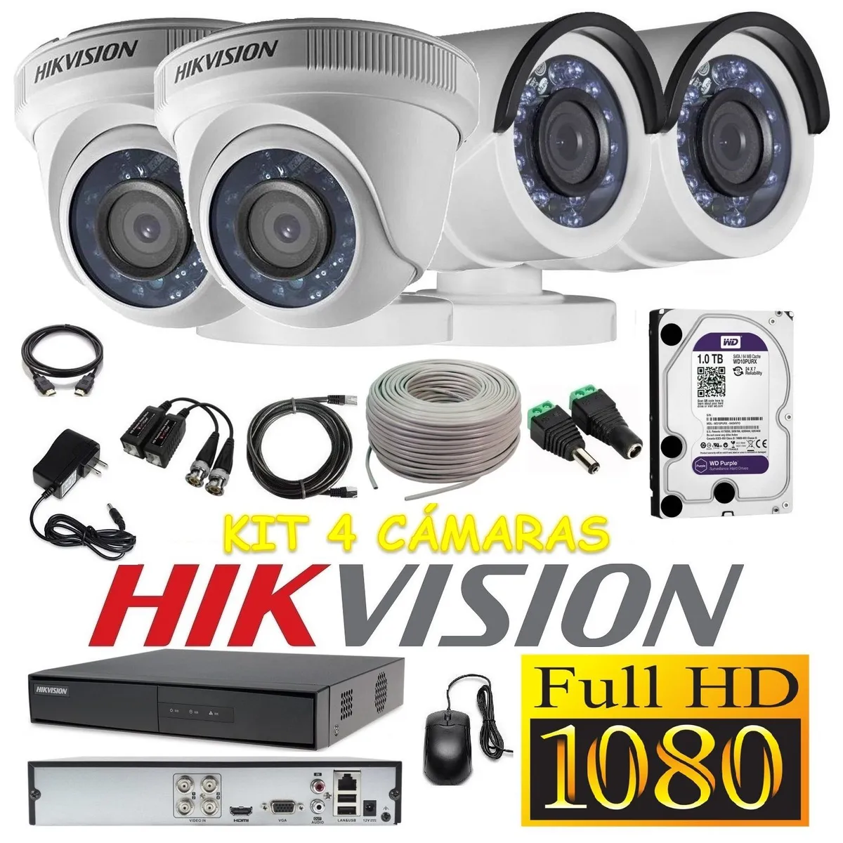 HIKVISION - kit 4 Cámaras Seguridad FULLHD Hikvision 1tb + cable