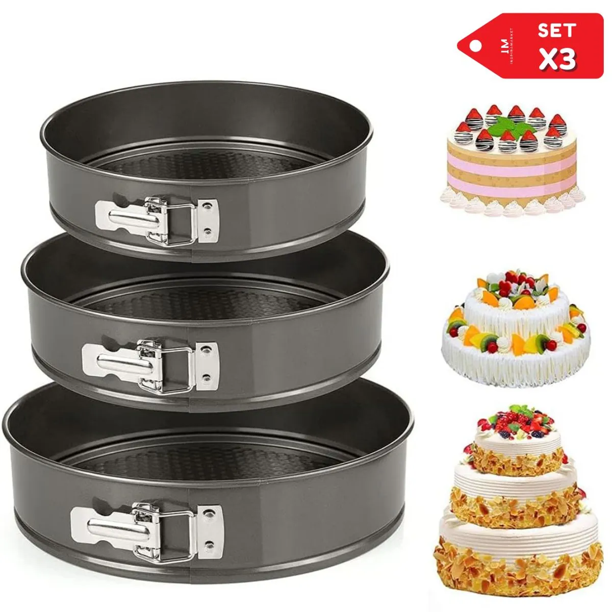 INSPIRA MARKET - Set de 3 Moldes Keke Pasteles Reposteria Antiadherente Circular
