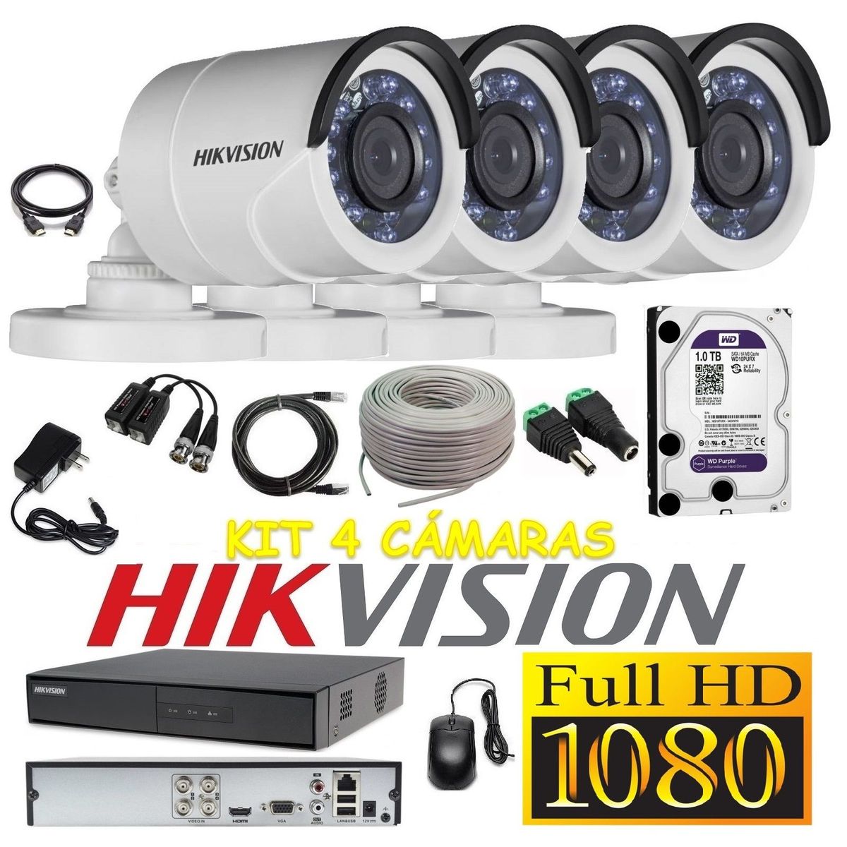 HIKVISION - kit 4 Cámaras Seguridad Tubo FULLHD Hikvision 1tb + cable