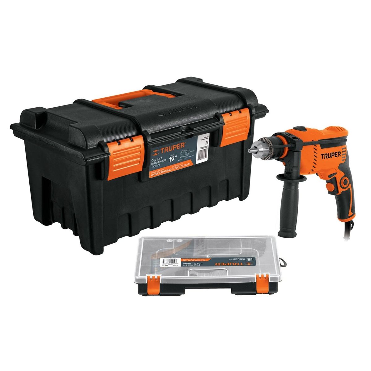 TRUPER - Combo taladro percutor 600w caja de herramienta y organizador truper