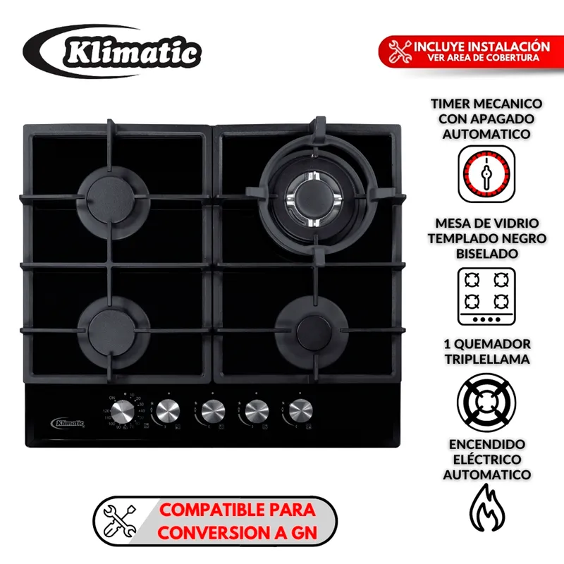 KLIMATIC - Cocina empotrable a gas  4 hornillas AOSTA 60 KLIMATIC