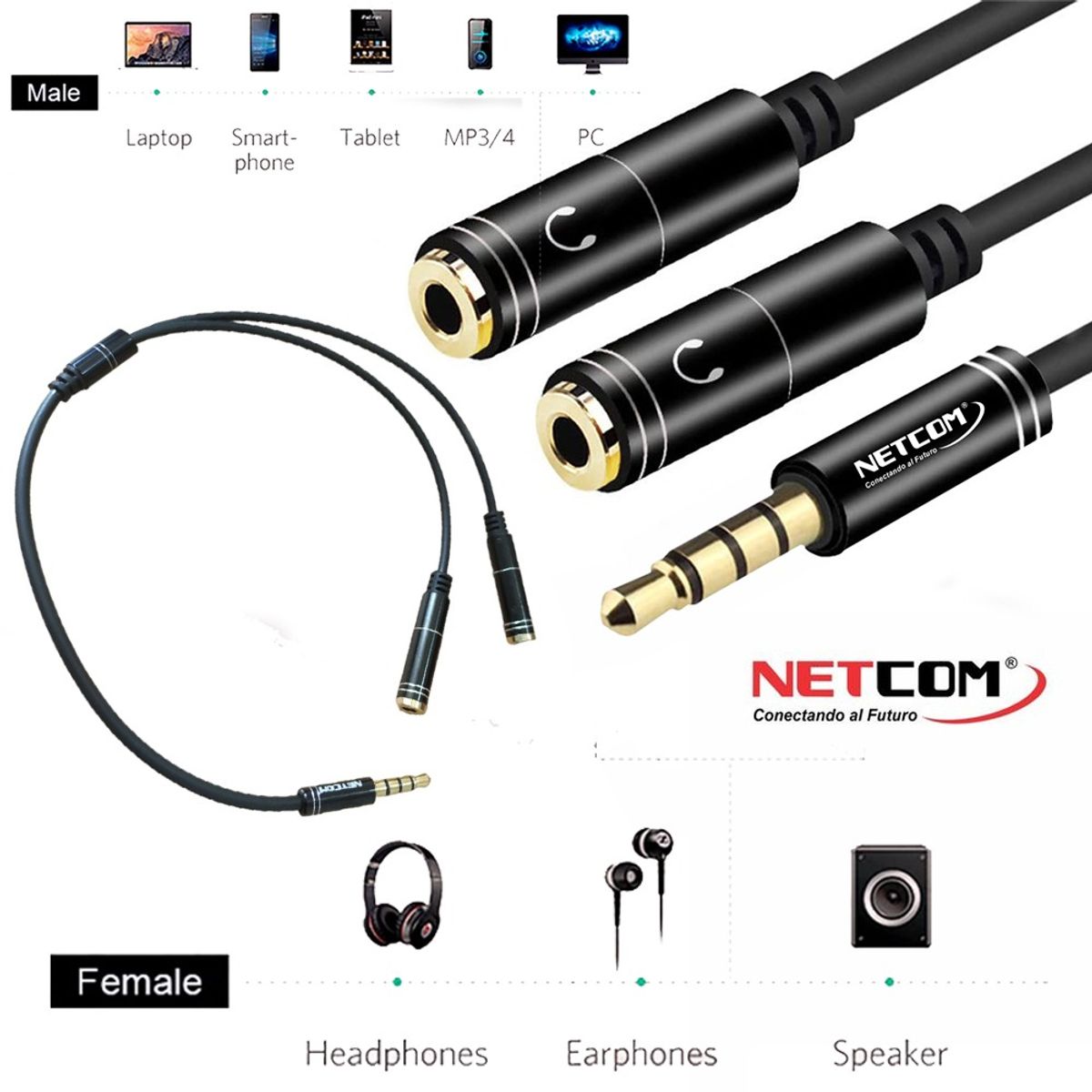NETCOM - Adaptador Splitter Jack 3.5mm Audífonos Divisor 2 Hembra Mini netcom