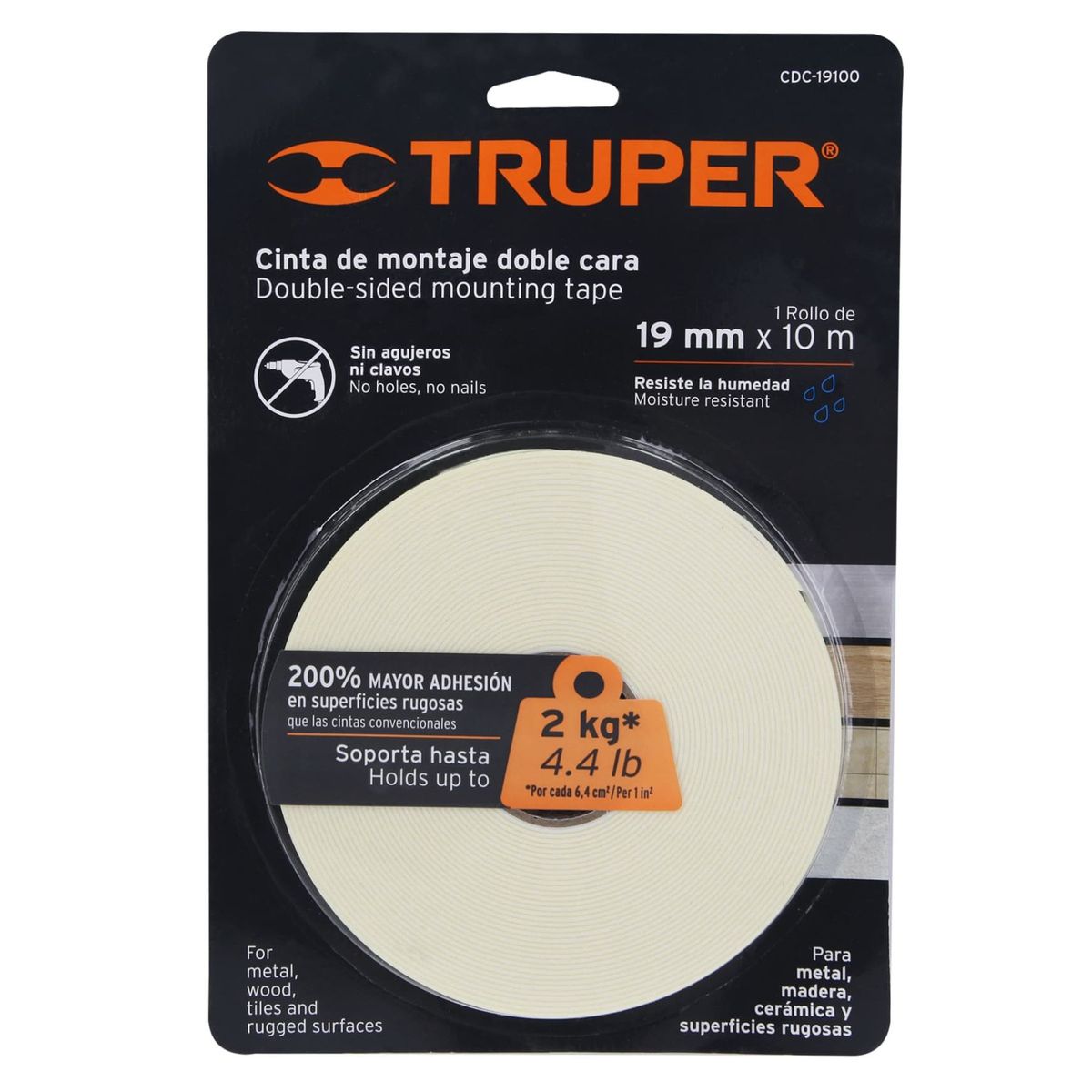 TRUPER - Cinta de montaje doble contacto 10m x 19 mm, Truper