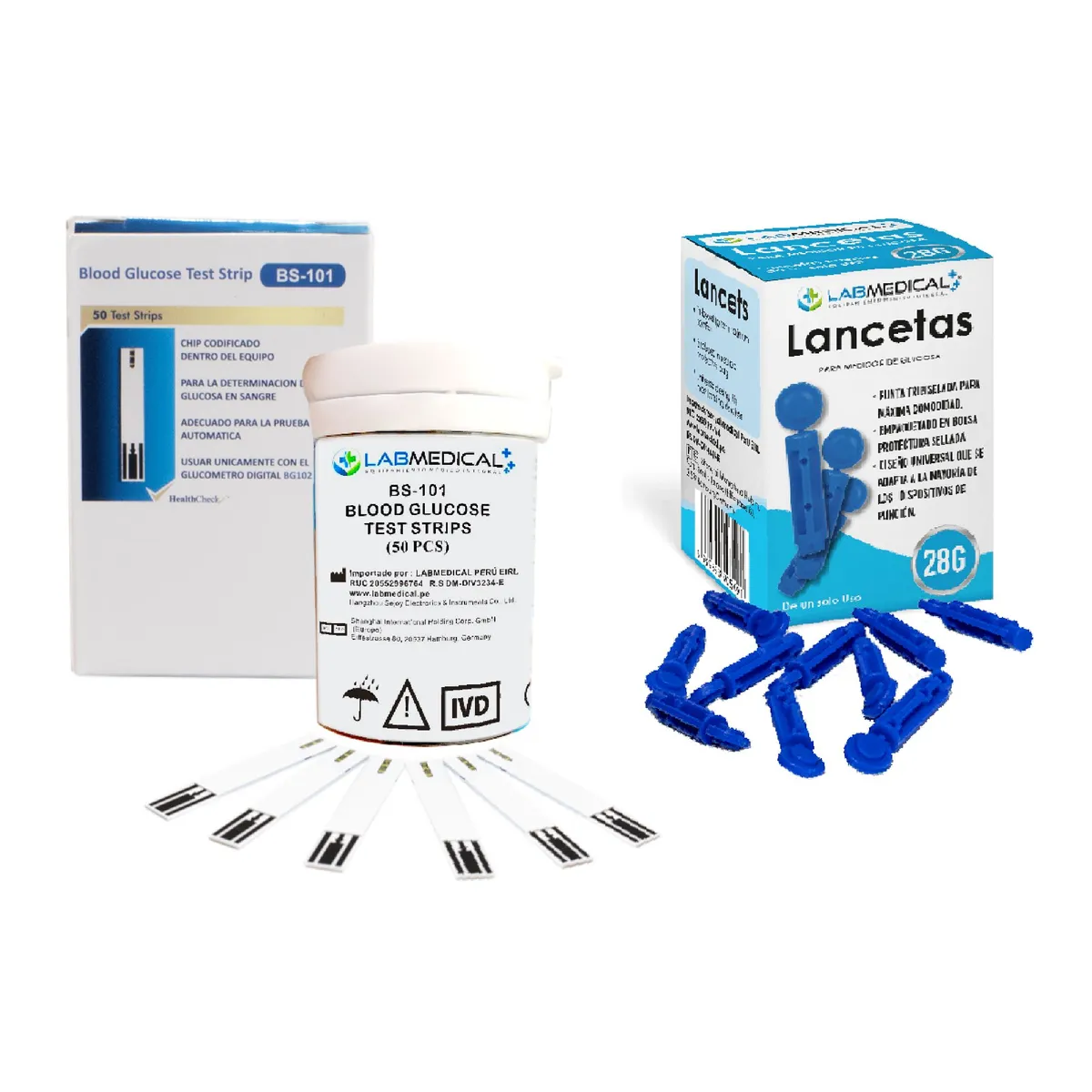 LABMEDICAL - 50 TIRAS  BS101 + 50 LANCETAS  PARA GLUCOMETRO LABMEDICAL BG102 / BG202