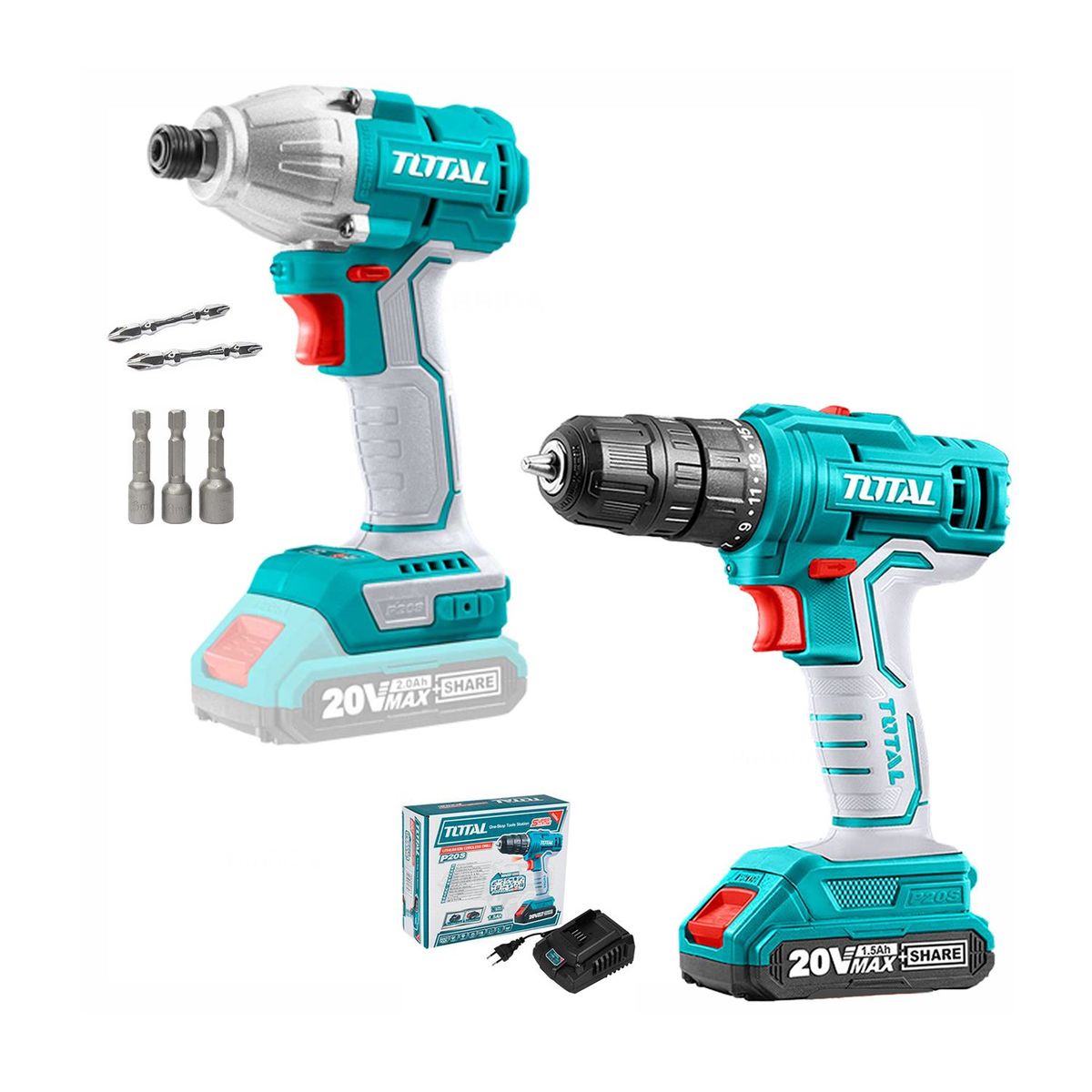 TOTAL TOOLS - COMBO 20V ATORNILLADOR DE IMPACTO 14 BRUSHLESS TALADRO 20V